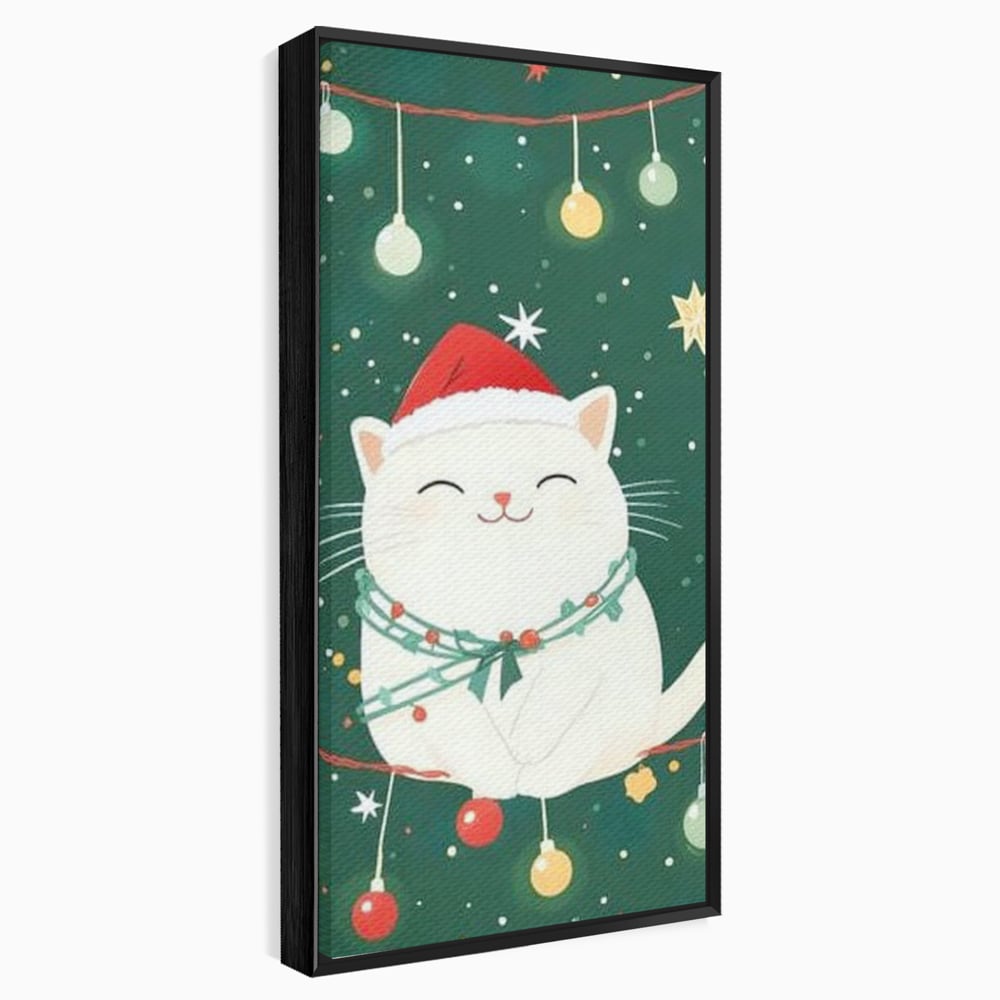 Tablou canvas cu ilustratie cu pisica alba de craciun, in rama de aluminiu negru